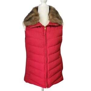 Talbots Down Puffer Vest Sz XS Red Faux Fur Collar Quilted Full Zip Warm Cozy